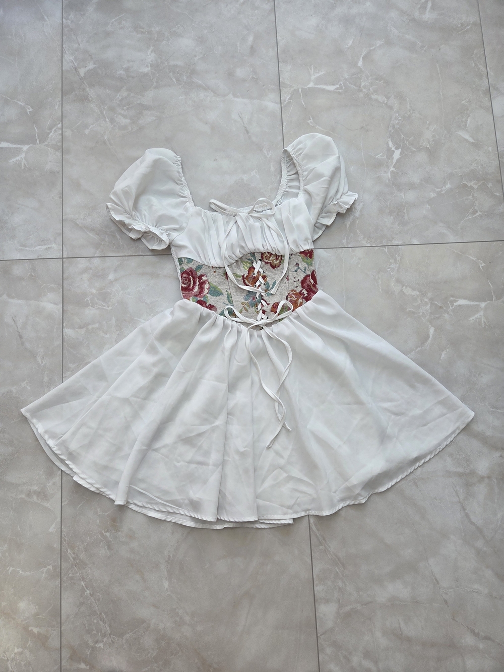 White Peasant Dress with Floral Corset Panel